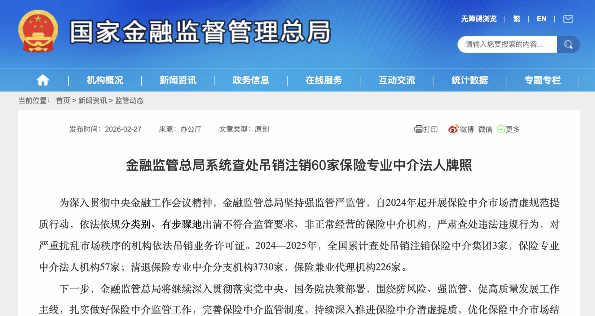 金融监管总局系统查处吊销注销60家保险专业中介法人牌照