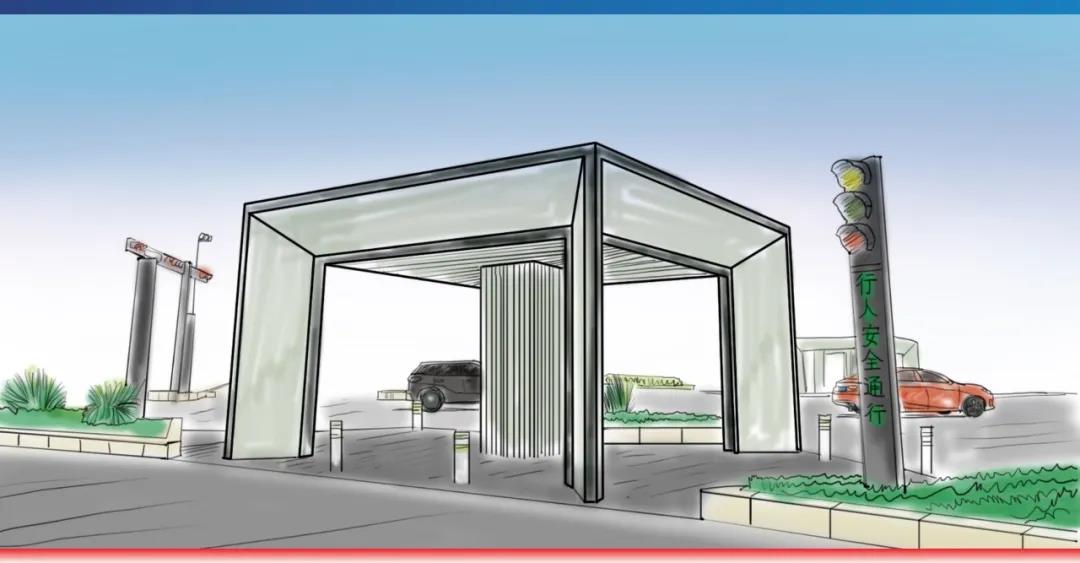 近距离观察发现,白底黑框,四周通透的安全岛休息厅,顶部采用镂空设计